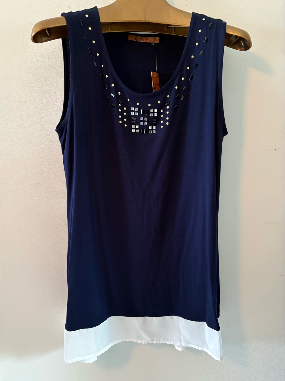 NWT Belldini Navy Embellished Sleeveless Top White Chiffon Colorblock Hem L